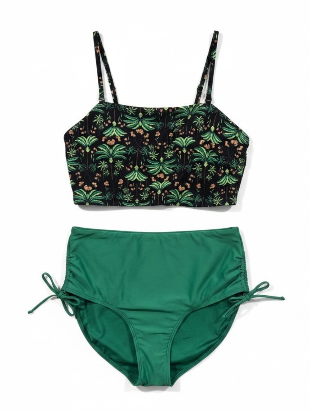 Old Navy Green Palm Print Two Piece High Waist Cinch Bikini Bandeau Top 3XL New